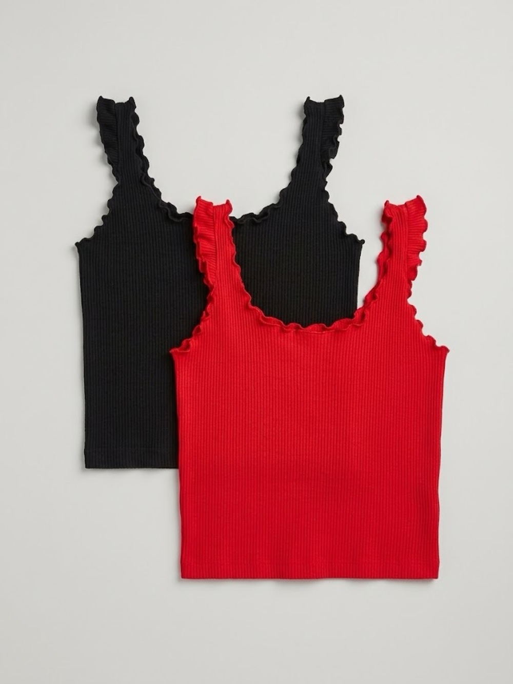 Ribbed Ruffle-Edge Tank Top Duo - Red & Black